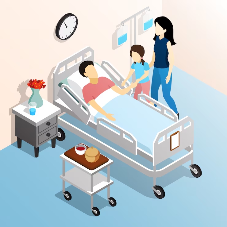 people hospital isometric design concept with family members visiting sick relative flat vector illu